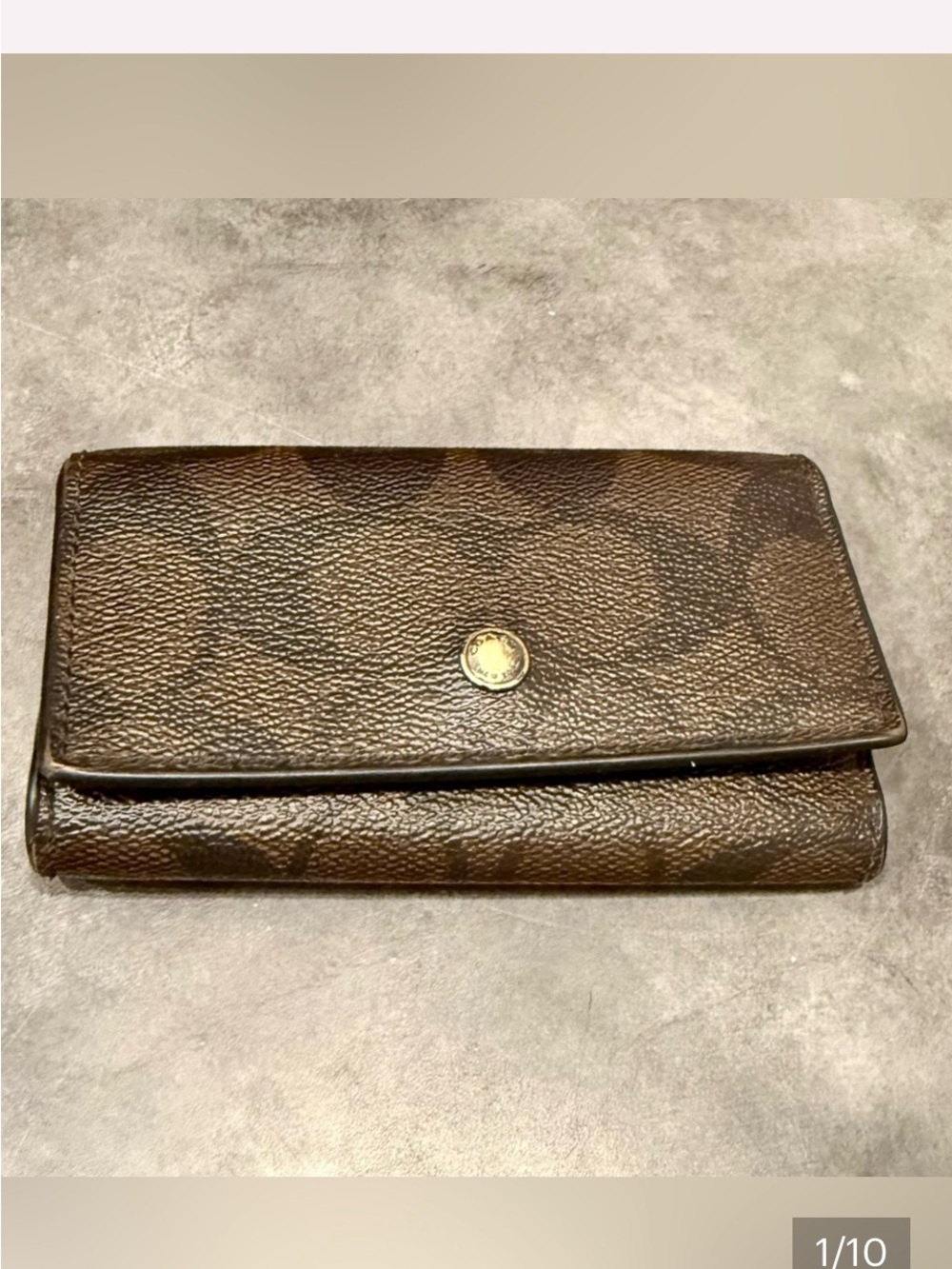 Rare Coach Brown Leather Tri-Fold Key & Card Holder with Gold Button